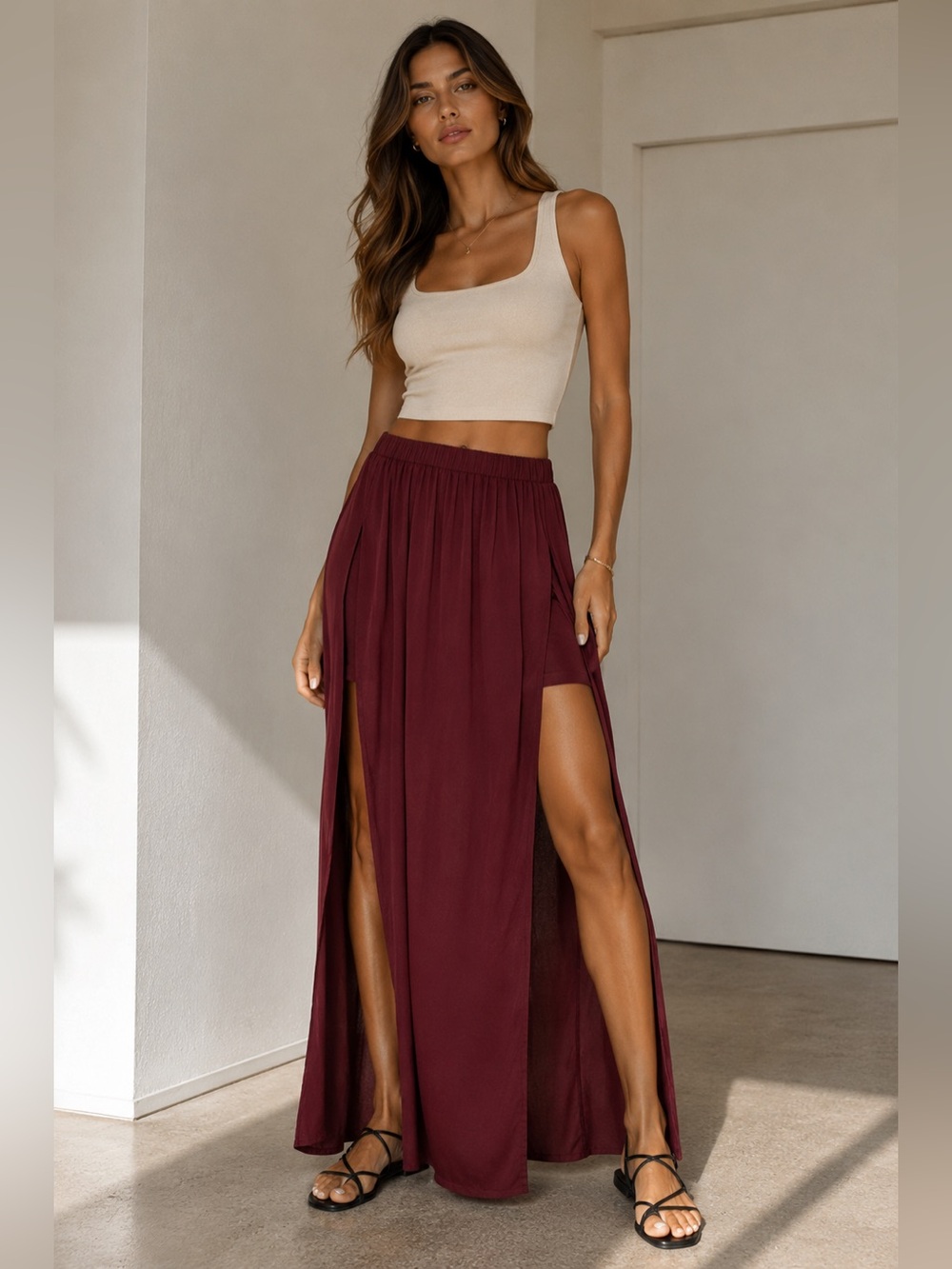 Zara Trafaluc Burgundy Double Slit Maxi Skirt with Mini Lining – Size S